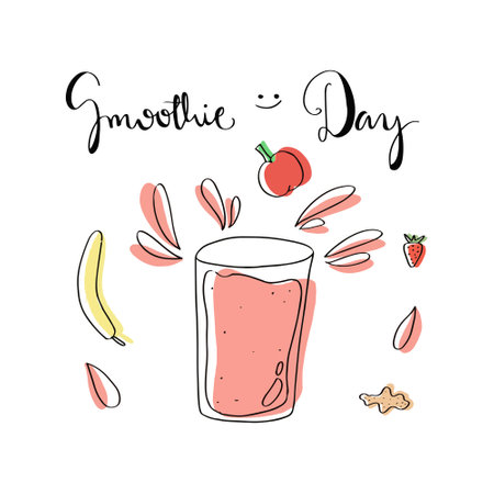 Hand drawn vector illustration of a glass of smoothie with ingredients.のイラスト素材