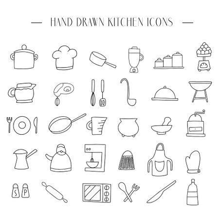 Set of kitchen utensils. Hand drawn doodle icons. Vector illustrationのイラスト素材