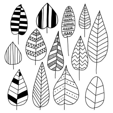 Hand drawn Doodle Leaf Pattern.  Leaves collection in autumn colors. Background for textile or book covers, wallpapers, design, printing.のイラスト素材