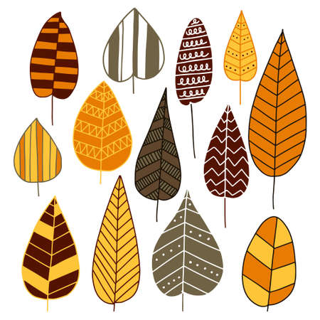 Hand drawn Doodle Leaf Pattern.  Leaves collection in autumn colors. Background for textile or book covers, wallpapers, design, printing.のイラスト素材