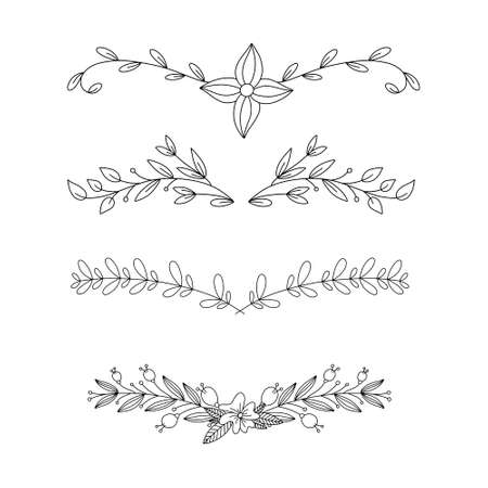 Vector set of handdrawn doodle frames and borders. Handdrawn elements, flowers, branches, swashes and flourishes.のイラスト素材