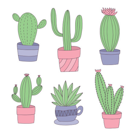 Cactuses in pots. Vector illustration in doodle style.のイラスト素材