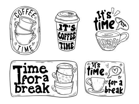 Coffee time lettering set. Hand drawn vector illustration.のイラスト素材