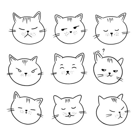 Set of cute cat faces. Vector illustration in doodle style.のイラスト素材