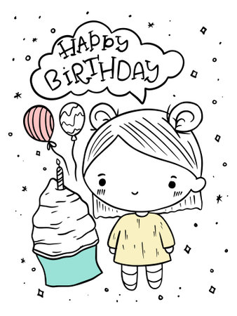 happy birthday card with cute little girl and ice cream vector illustration designのイラスト素材