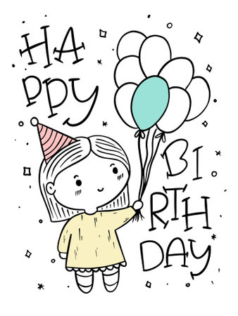 Happy birthday card with cute little girl. Hand drawn vector illustration.のイラスト素材