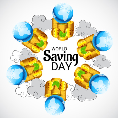 World Saving Day - concept abstract  design for Banner, poster with gold dollar coins and a globe on the  backgroundのイラスト素材