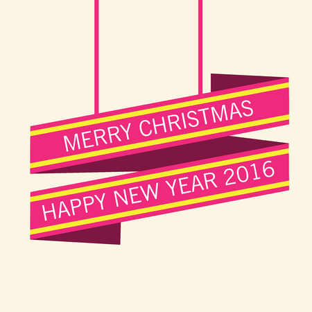 Merry Christmas greeting card written on red ribbon on light background. Vector illustration.のイラスト素材