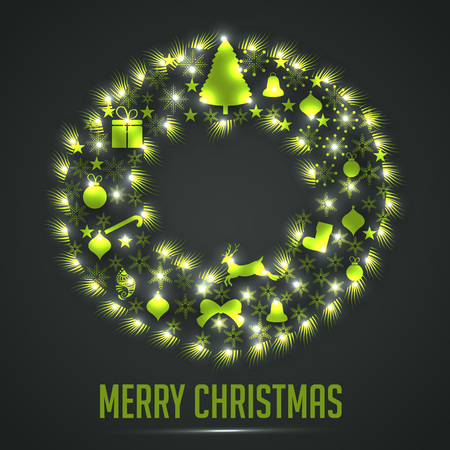 Merry Christmas objects Vector illustration in wreath shape.のイラスト素材