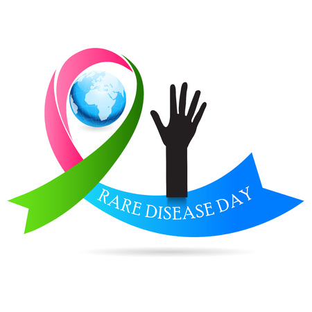 Rare Disease Day banner with globe, ribbon and hand illustration on white background.のイラスト素材