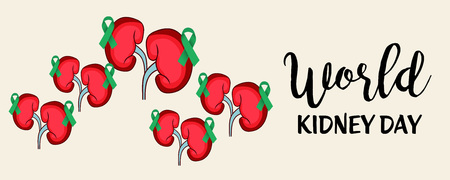 World Kidney Day banner, kidney with green ribbon design over light yellow background