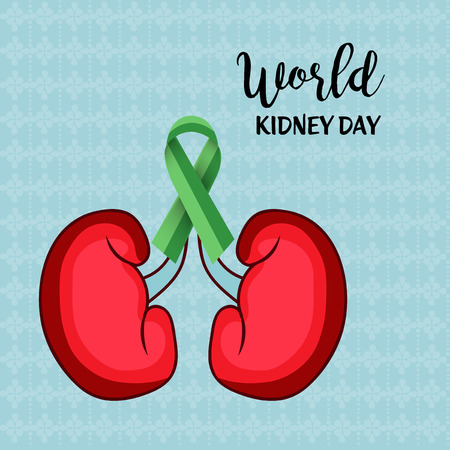 World Kidney Day banner, kidney with green ribbon design over teal backgroundのイラスト素材