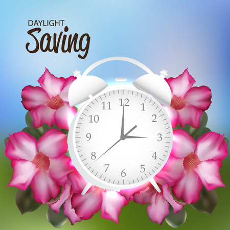 Daylight Saving with white clock over floral backgroundのイラスト素材
