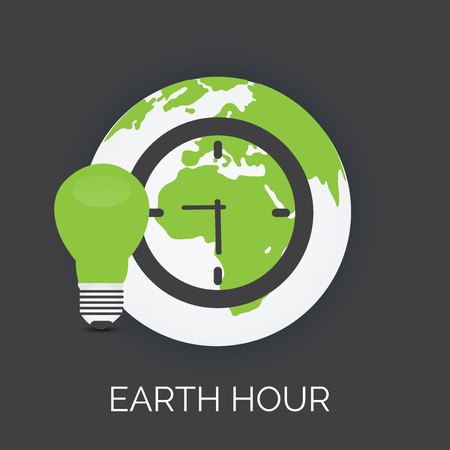 Earth Hour text with green light bulb and planet Earth with clock.のイラスト素材