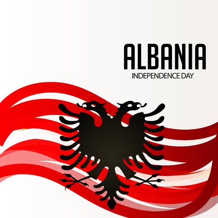 Albania Independence Day text  with Albania flag symbol on red and white striped, wavy lines.のイラスト素材