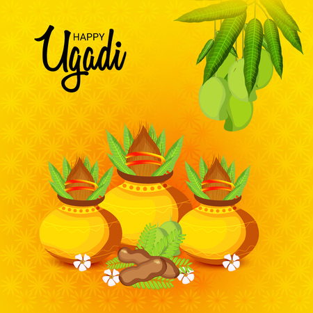 Happy Ugadi Hindu New Year with ornaments and flowers.のイラスト素材