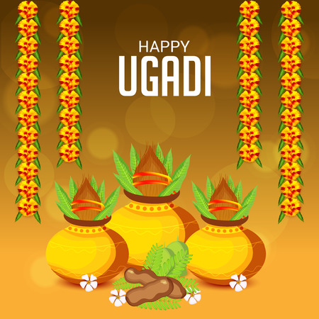 Happy Ugadi Hindu New Year with pots and ornaments.のイラスト素材