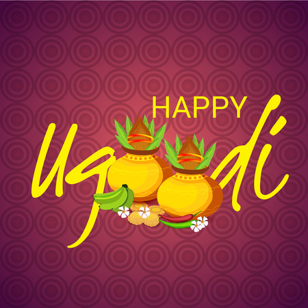 Happy Ugadi Hindu New Year with pots and ornaments.のイラスト素材