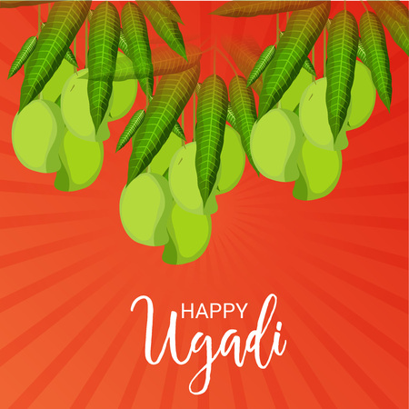 Happy Ugadi Hindu New Year with fruit and leaves.のイラスト素材