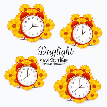 Daylight Saving Time concept with alarm clocks and flowers. Vector illustration.のイラスト素材