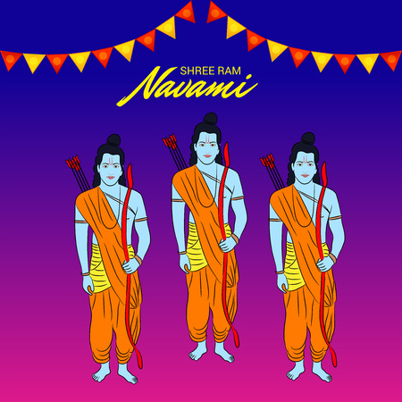 Happy Ram Navami poster with people in costume and buntings on color background. Vector illustration.のイラスト素材