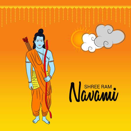 Happy Ram Navami poster with clouds and man on orange background. Vector illustration.のイラスト素材