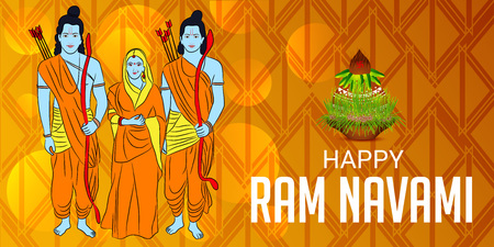 Happy Ram Navami banner with people in costume on color background. Vector illustration.のイラスト素材