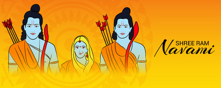 Happy Ram Navami banner with deities on color background. Vector illustration.のイラスト素材