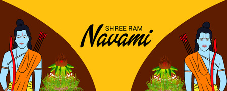 Happy Ram Navami banner with deities on color background. Vector illustration.のイラスト素材