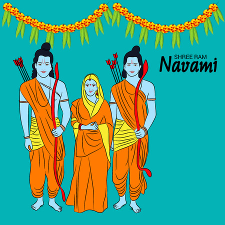 Happy Ram Navami banner with buntings and deity on color background. Vector illustration.のイラスト素材