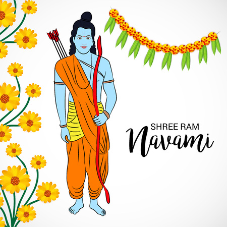 Happy Ram Navami banner with buntings and deity on color background. Vector illustration.のイラスト素材