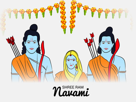 Happy Ram Navami banner with buntings and deity on color background. Vector illustration.のイラスト素材