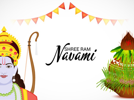 Happy Ram Navami banner with buntings and deity on color background. Vector illustration.のイラスト素材