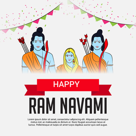 Happy Ram Navami banner with buntings and deity on color background. Vector illustration.のイラスト素材