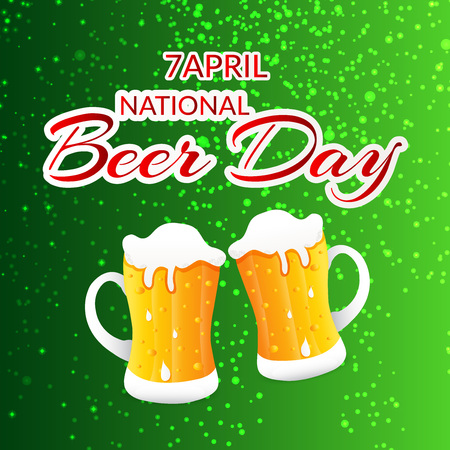 National Beer Day banner with two beer mugs on green background. Vector illustration.のイラスト素材
