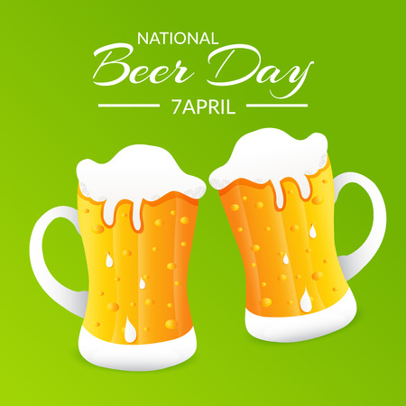 National Beer Day banner with text and beer mugs on color background. Vector illustration.のイラスト素材