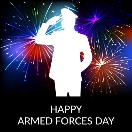 Armed Forces Day banner with soldier silhouette and red and blue fireworks on black background. Vector illustration.のイラスト素材