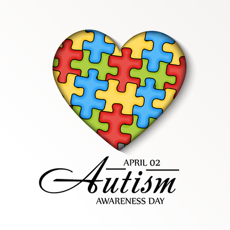 World Autism Awareness Day concept with text and colorful jigsaw puzzle heart on white background. Vector illustration.のイラスト素材
