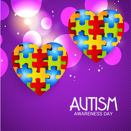 World autism awareness day banner with jigsaw hearts on  violet background. Vector illustration.のイラスト素材