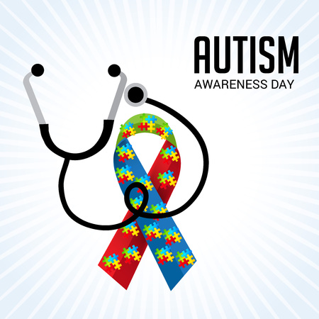 World autism awareness day banner with ribbon and stethoscope on light background. Vector illustration.のイラスト素材
