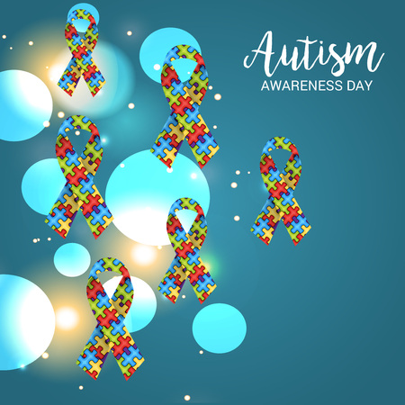 World autism awareness day banner with ribbons on  color background. Vector illustration.のイラスト素材