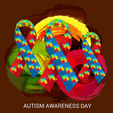 World autism awareness day banner with ribbons on dark color background. Vector illustration.のイラスト素材
