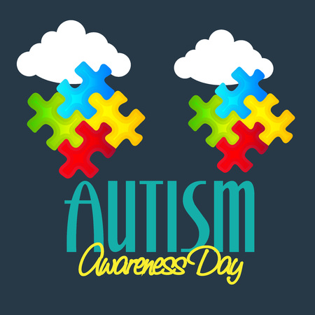 World autism awareness day banner with jigsaw puzzles and clouds on dark background. Vector illustration.のイラスト素材