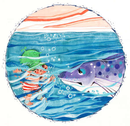 swimming with a fishの写真素材