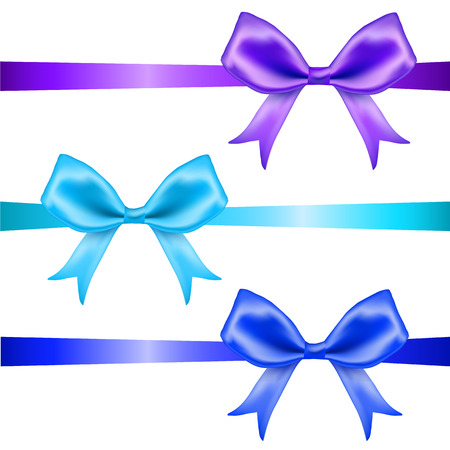 Blue and purple silk  bows and ribbons set on white background. Vector illustrationのイラスト素材