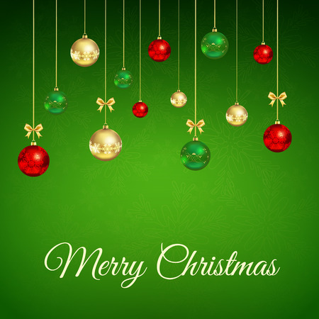 Green Christmas background with baubles, snowflakes and textのイラスト素材