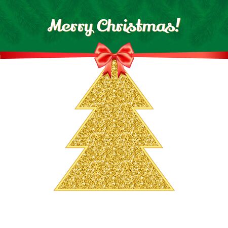 Christmas greeting card. Gold Christmas tree with red bow. Christmas background. Christmas decoration.のイラスト素材