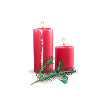 Realistic candles with fir-tree branch.Christmas decoration. Vector illustrationのイラスト素材