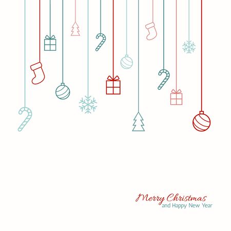 Christmas background. Flat Christmas greeting card with baubles, snowflakes and candy cane, tree, gift icons.のイラスト素材