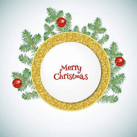 Christmas greeting card. Gold banner with text and fir-tree branches. Christmas decorationのイラスト素材